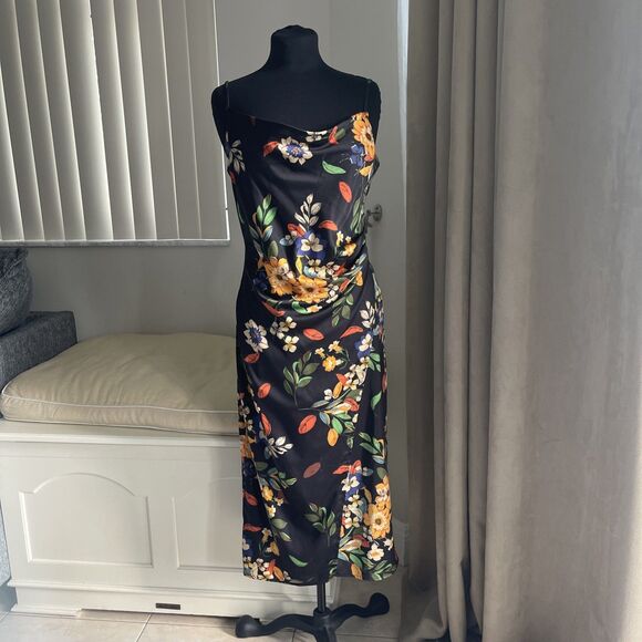 pookie and sebastian Dresses & Skirts - Pookie And Sebastian black floral Cowl Neck Midi Slit Dress M